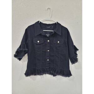 Suvimuga Women's Black Denim Jacket Button Down size XL Raw Hem‎ #13
